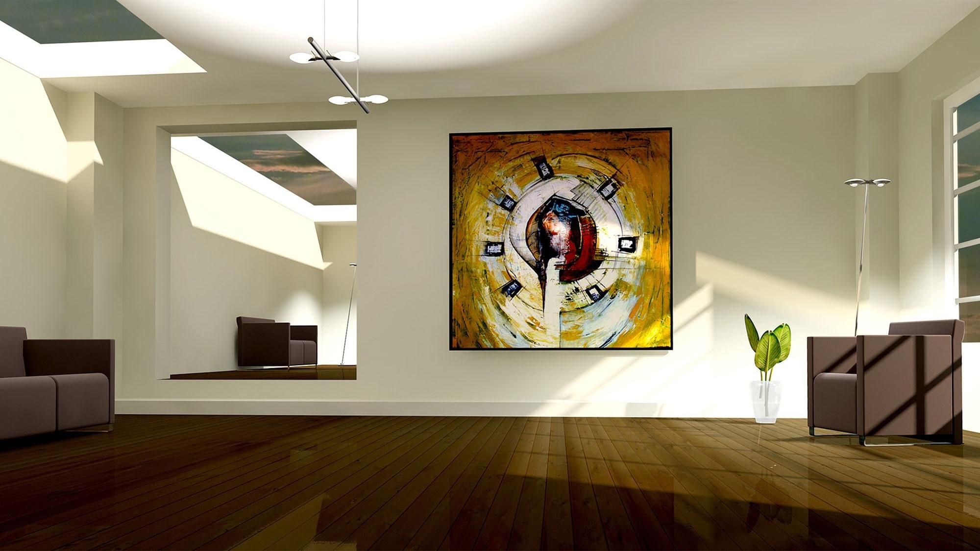 Modern living room with vibrant artwork, accentuated by Ketra’s dynamic lighting to enhance visual appeal.