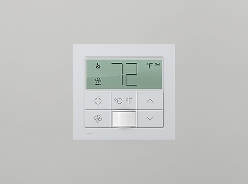 Lutron wall-mounted digital thermostat displaying a temperature of 72°F.